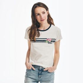 Nautica Romania Store | Nautica tricou cu grafic floral brodat cu dungi pe piept ZZ2JN819 marshmallow femeilor